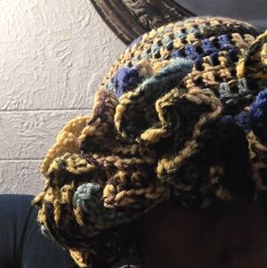 Handmade Crochet Ruffle Beanie in Blue, Yellow, Purple